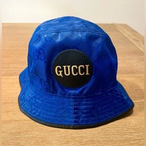 Gucci GG Nylon Off The Grid Bucket Hat Blue Monogram Leather Logo Patch L 59cm